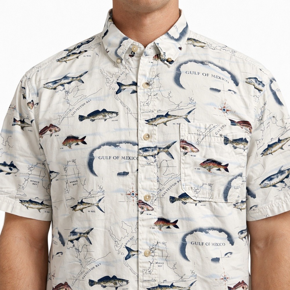 Joe Marlin Mens Large Gulf of Mexico Fish Map AOP Print Button Down Shirt L
